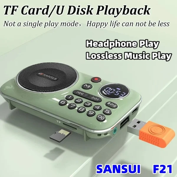 SANSUI F21 Outdoor Portable Multifunctional Walkman FM Radio Bluetooth Speaker MP3 Music Player Supports Recording Headphones