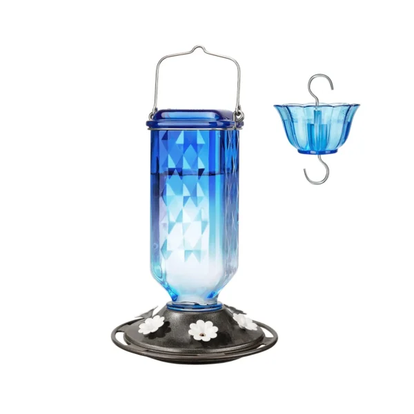 Glass Hummingbird Feeder with Ant Guard - 6 Flower Port Outdoor Bird Feeder for Garden Decoration, Easy Clean Nectar Dispenser